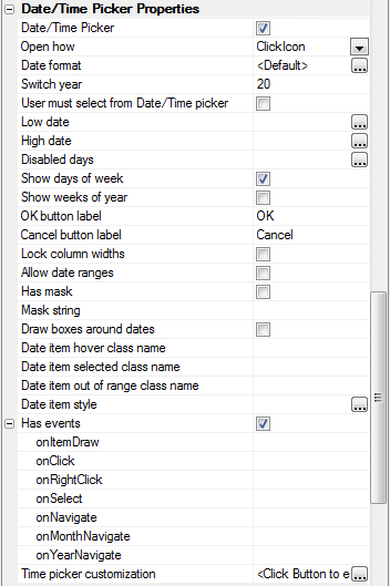 Date/Time Picker properties grid in the UX Builder